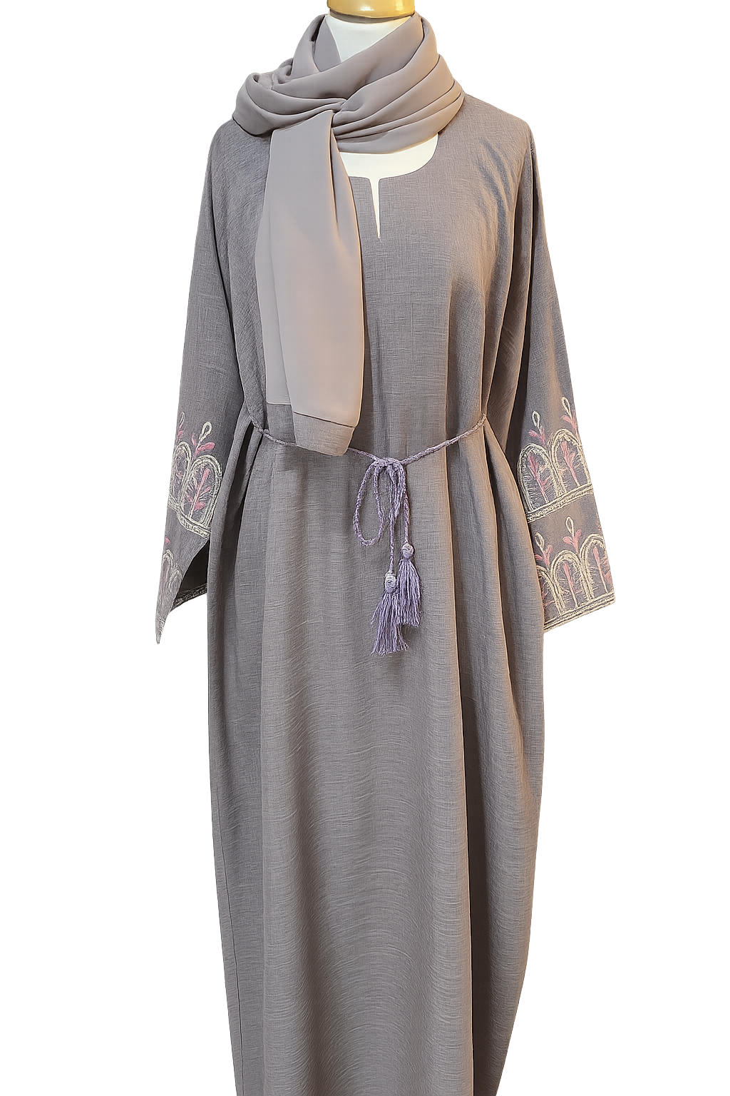 Embroidered Abaya - Stone Grey & Dusty Rose