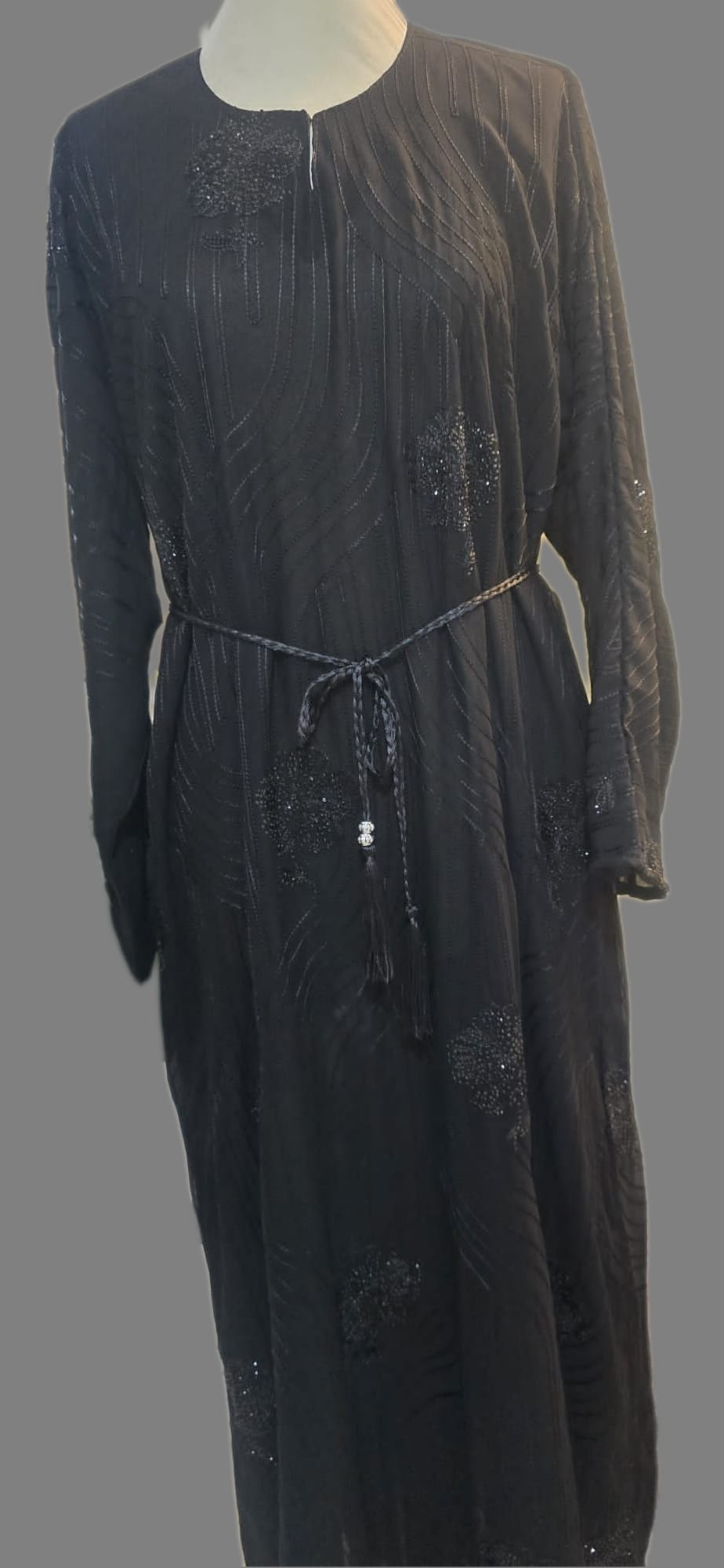 Black Abaya with Floral Shimmer & Textured Wave Detailing