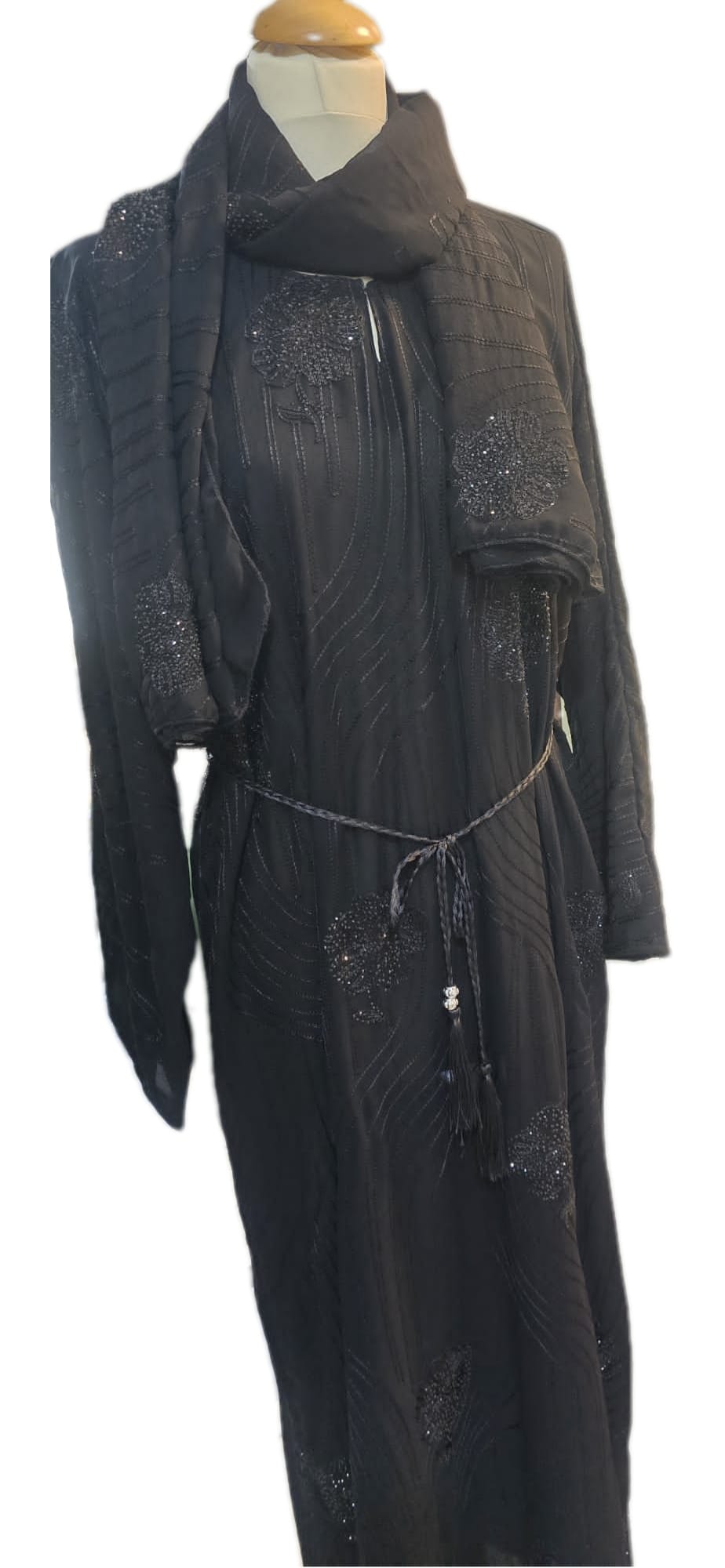 Black Abaya with Floral Shimmer & Textured Wave Detailing