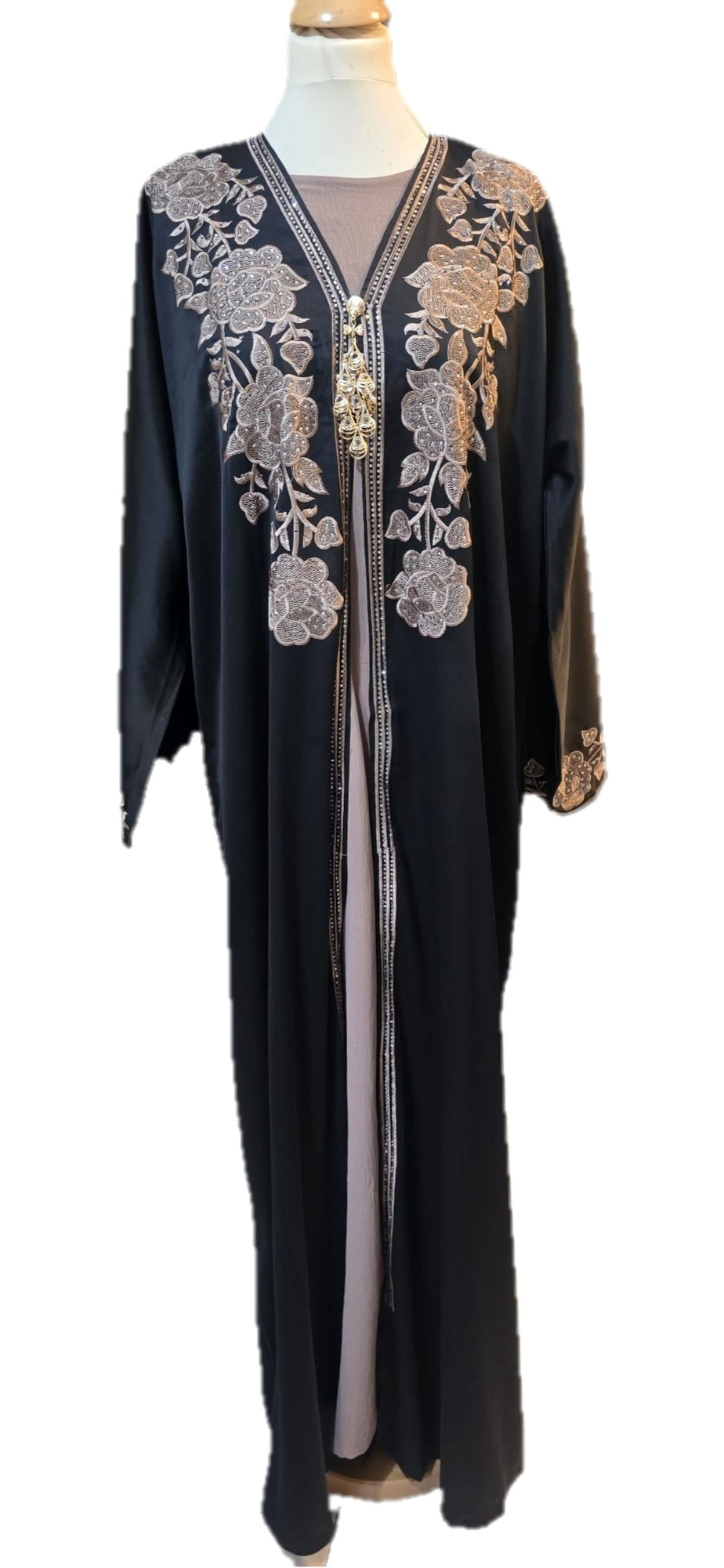 Taupe Modest Abaya Set with Black Scarf & Inner Dress