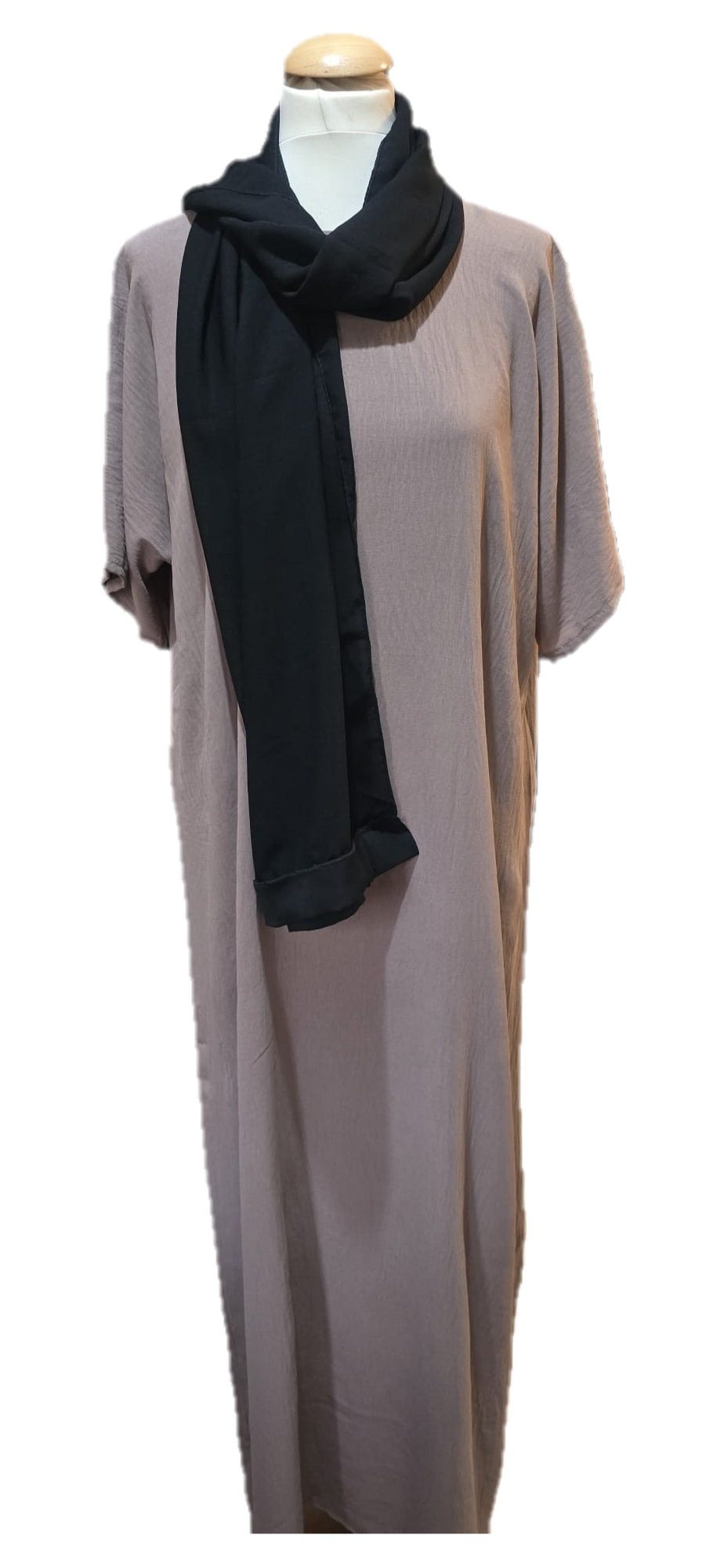 Taupe Modest Abaya Set with Black Scarf & Inner Dress