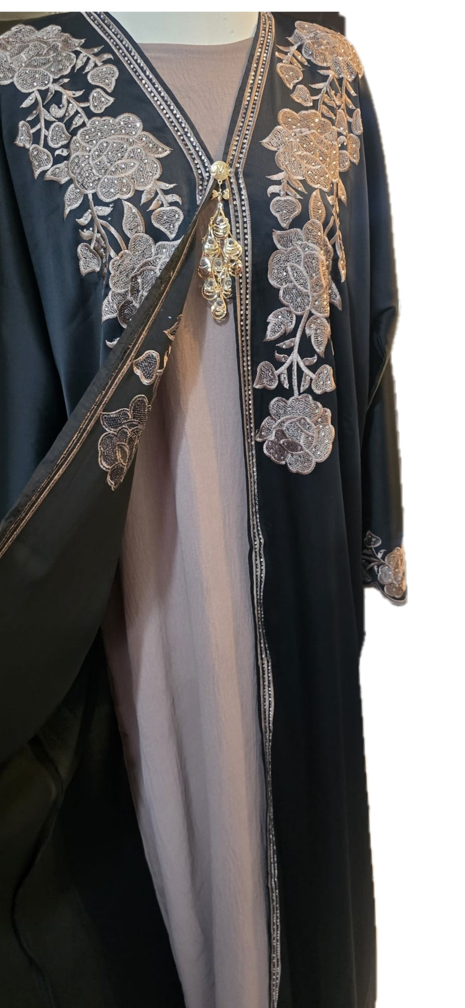 Taupe Modest Abaya Set with Black Scarf & Inner Dress