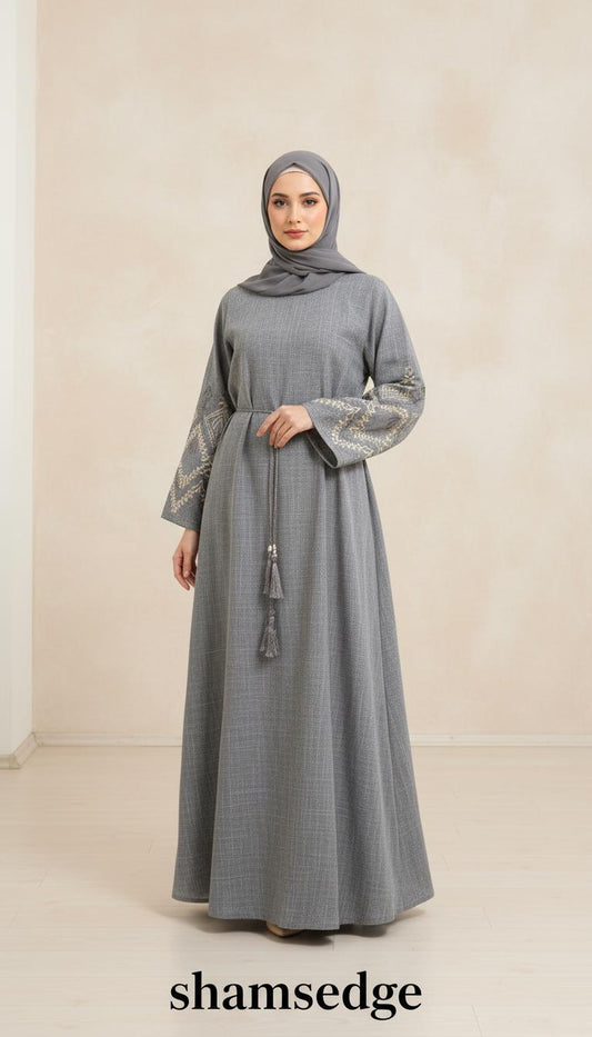 Grey abaya with geometric embroidered sleeves