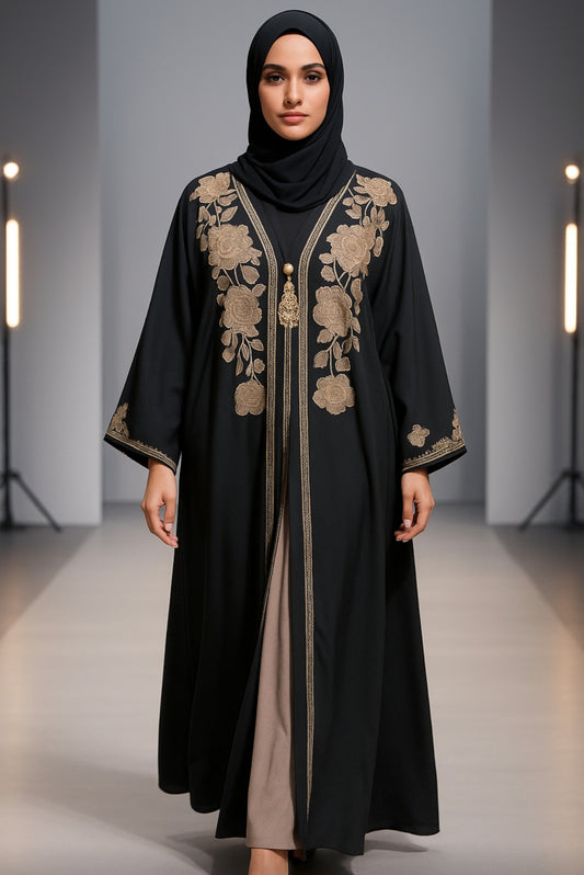 Taupe Modest Abaya Set with Black Scarf & Inner Dress