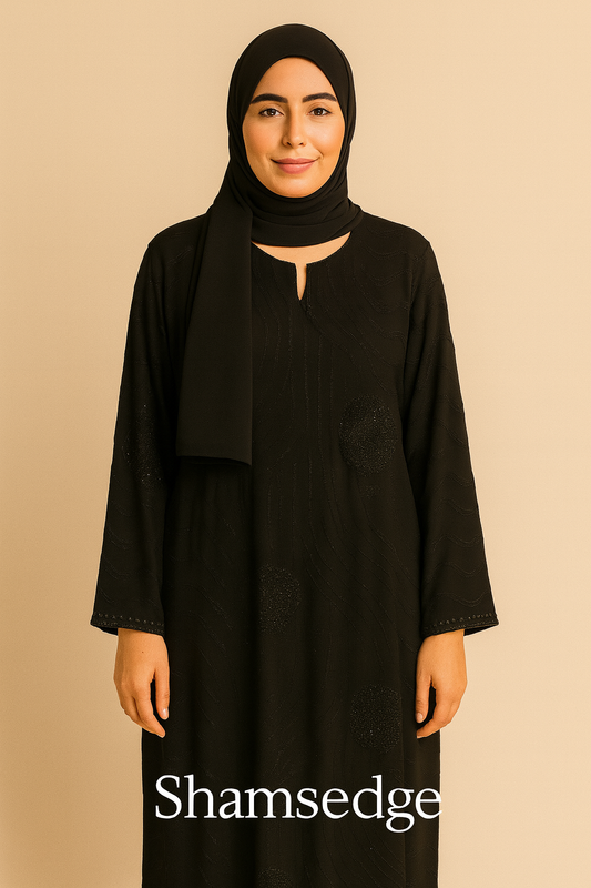 Black Abaya with Floral Shimmer & Textured Wave Detailing