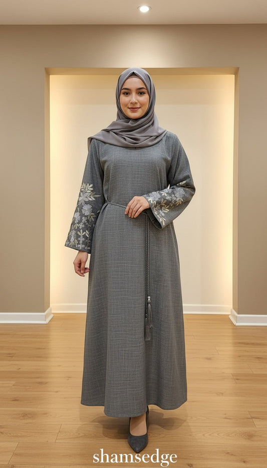Grey abaya with floral embroidered sleeves