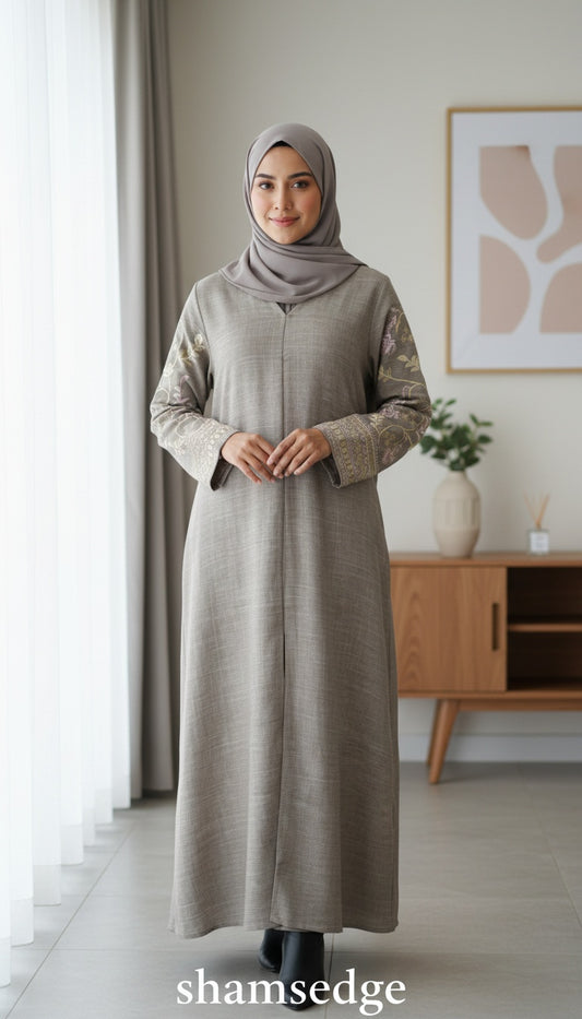 Taupe grey abaya with embroidered sleeves