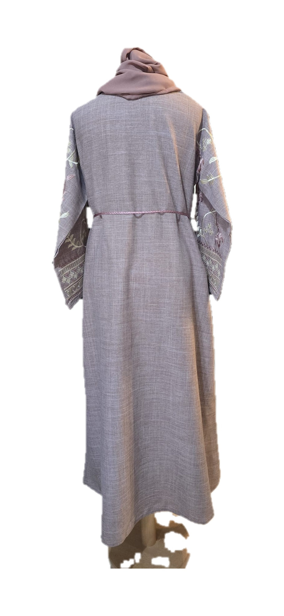 Embroidered Abaya - Stone Grey & Dusty Rose