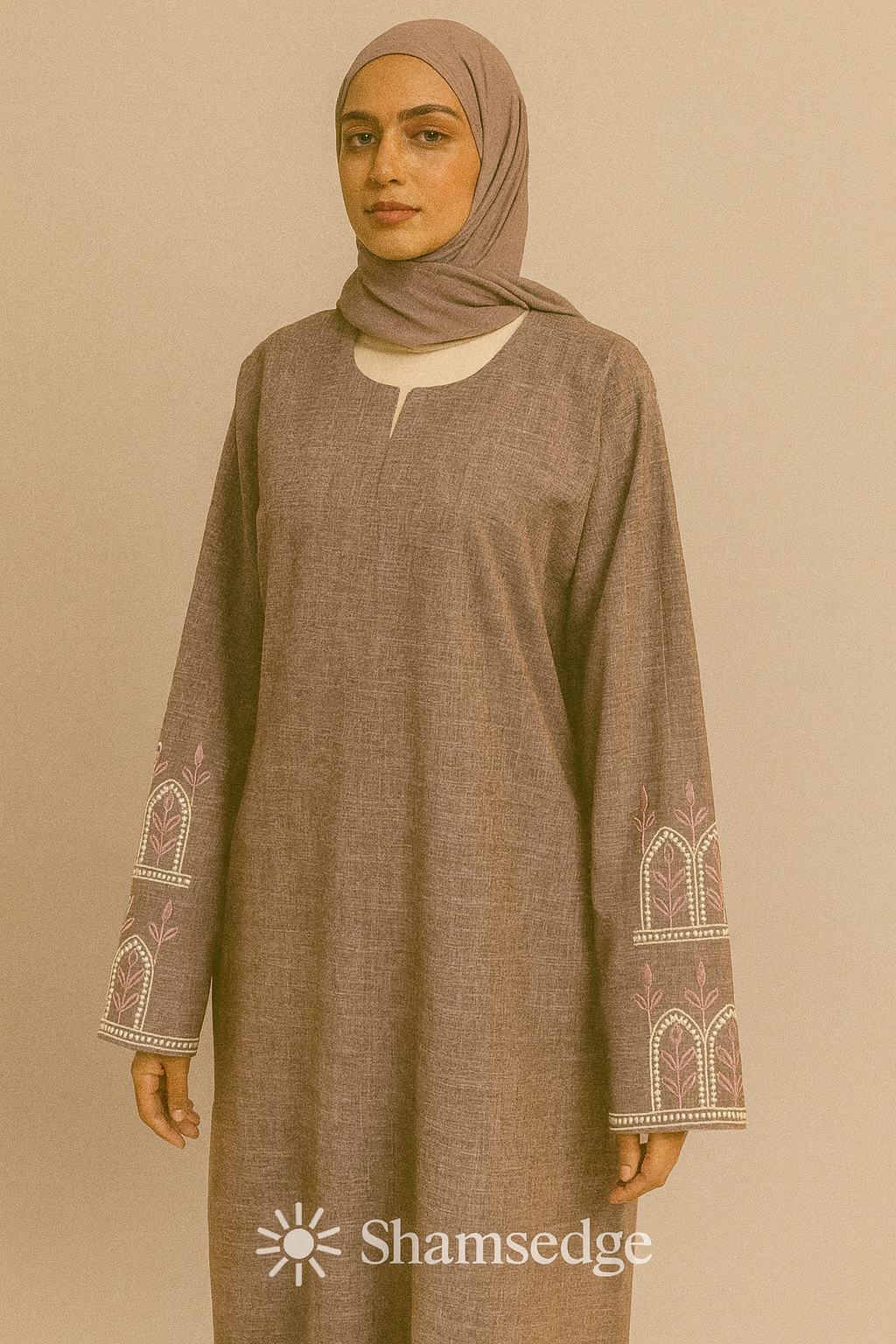 Embroidered Abaya - Stone Grey & Dusty Rose