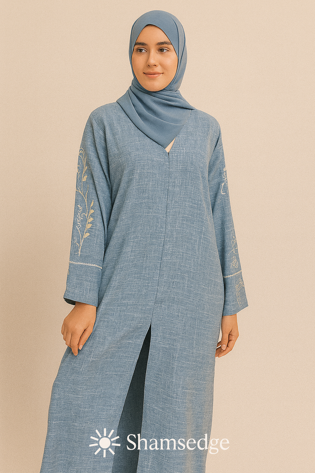 Noor Dusty Blue Embroidered Abaya