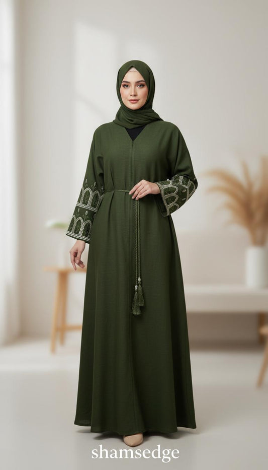Olive green abaya with embroidered cuff detail