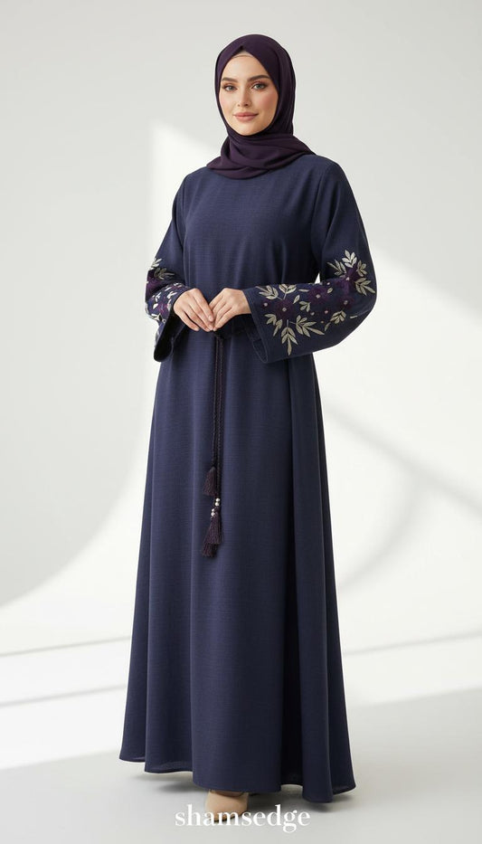 Navy abaya with purple embroidered cuffs