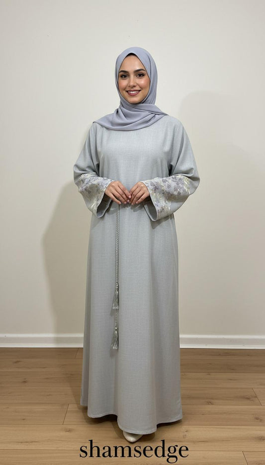 Light grey abaya with floral sleeve accents