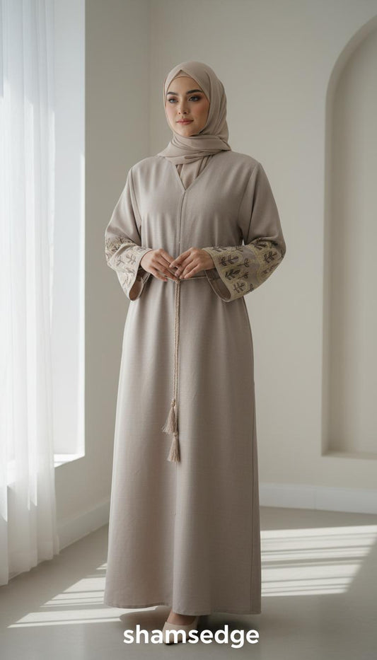 Beige abaya with floral embroidered sleeves