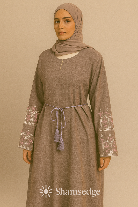 Embroidered Abaya - Stone Grey & Dusty Rose