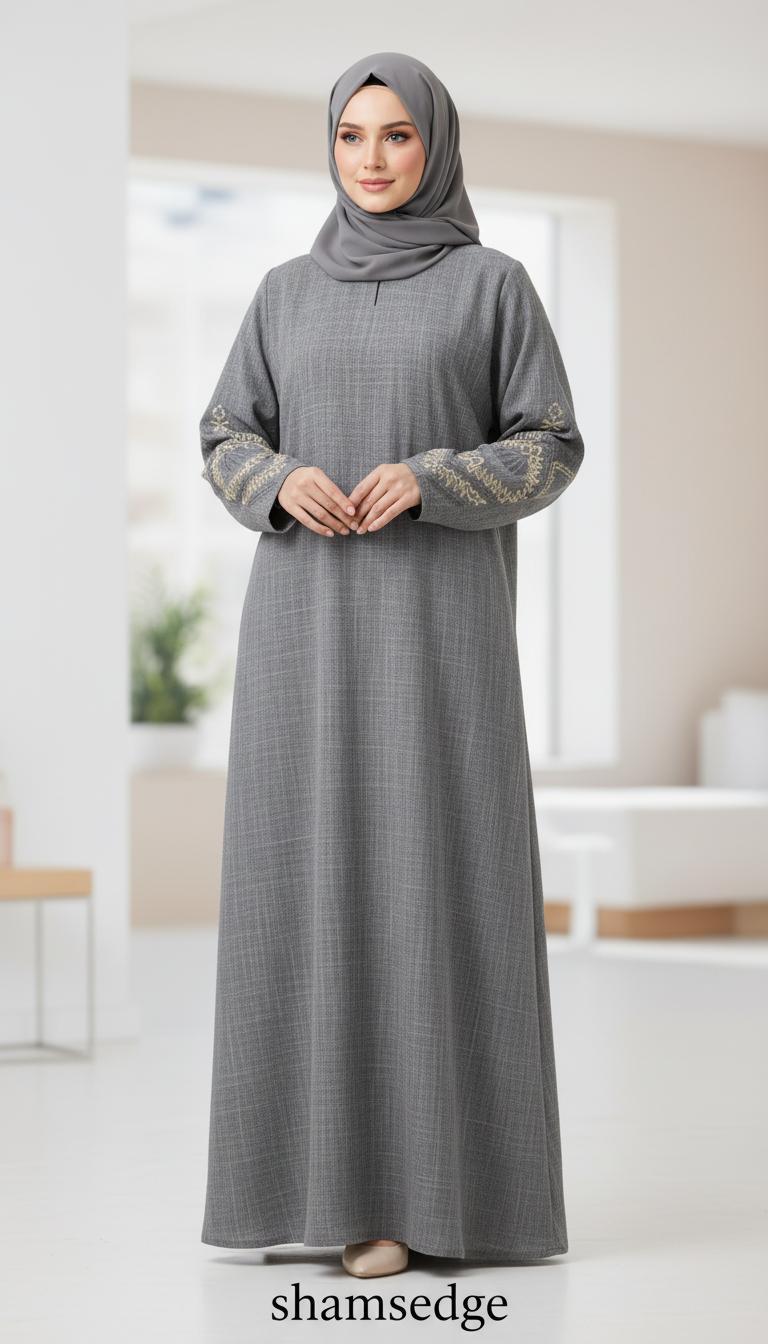 Grey abaya with geometric embroidered sleeves
