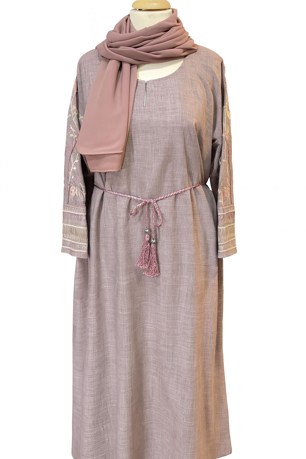 Embroidered Abaya - Stone Grey & Dusty Rose