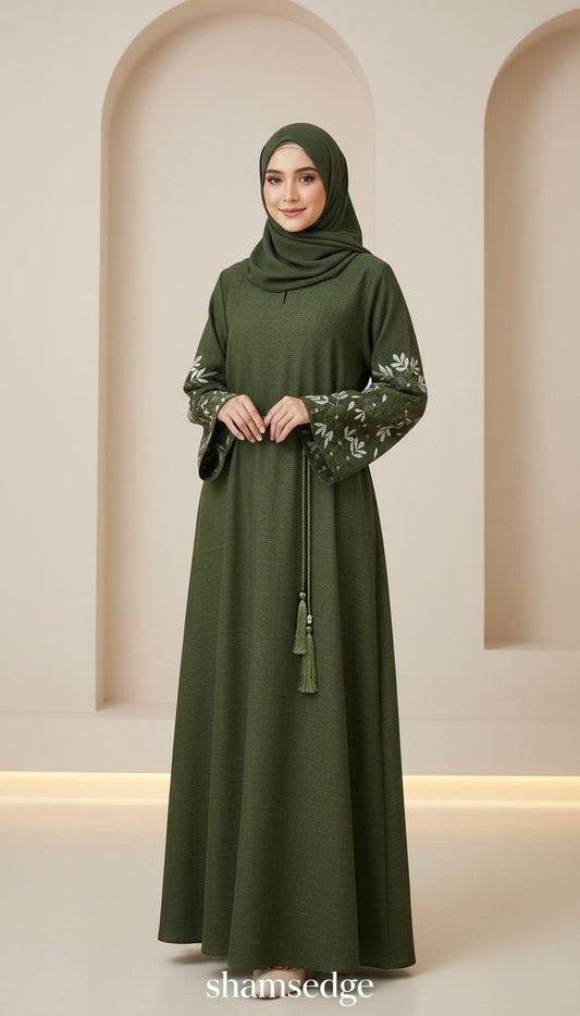 Olive green abaya with embroidered cuff detail