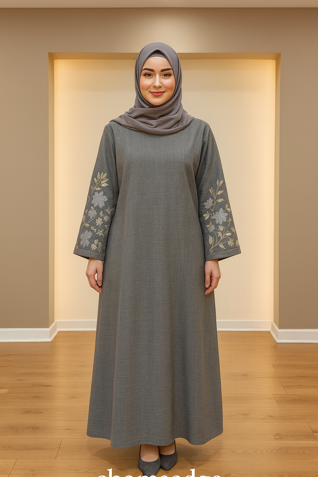 Grey abaya with floral embroidered sleeves