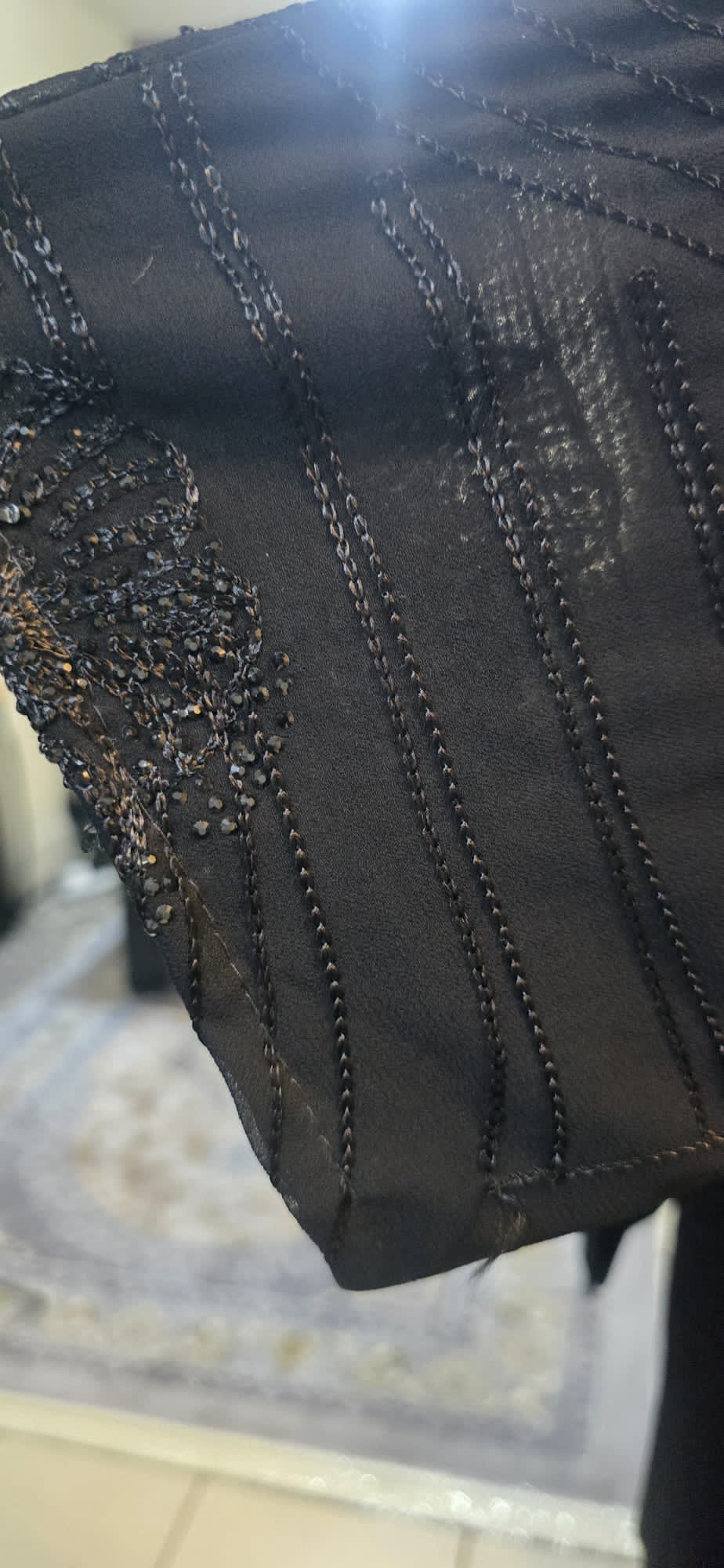 Black Abaya with Floral Shimmer & Textured Wave Detailing
