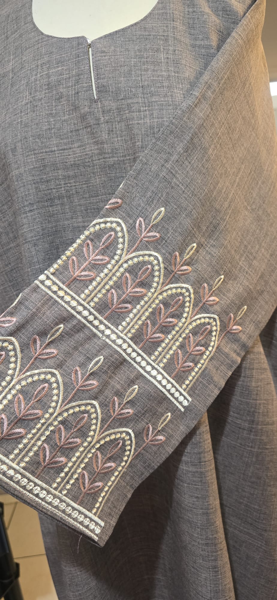 Embroidered Abaya - Stone Grey & Dusty Rose