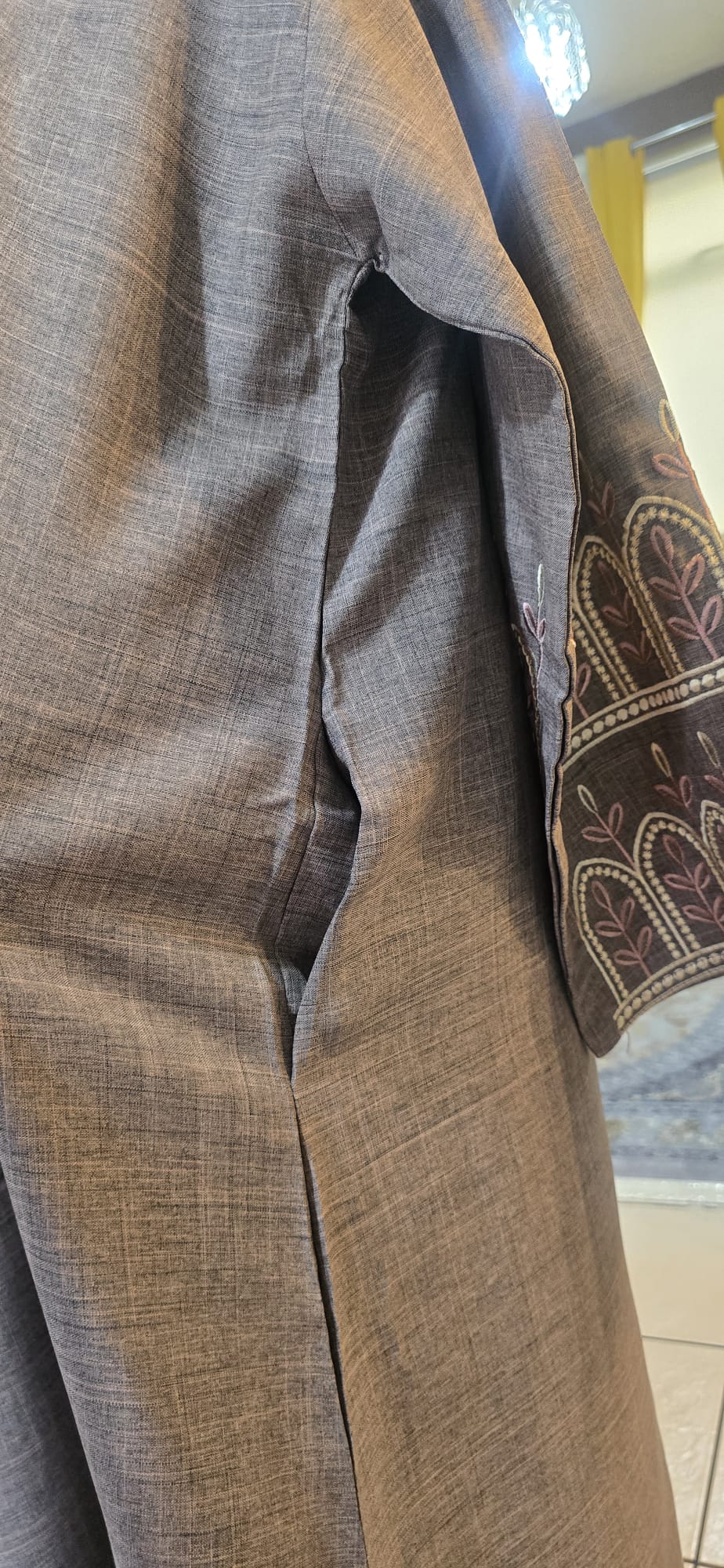 Embroidered Abaya - Stone Grey & Dusty Rose