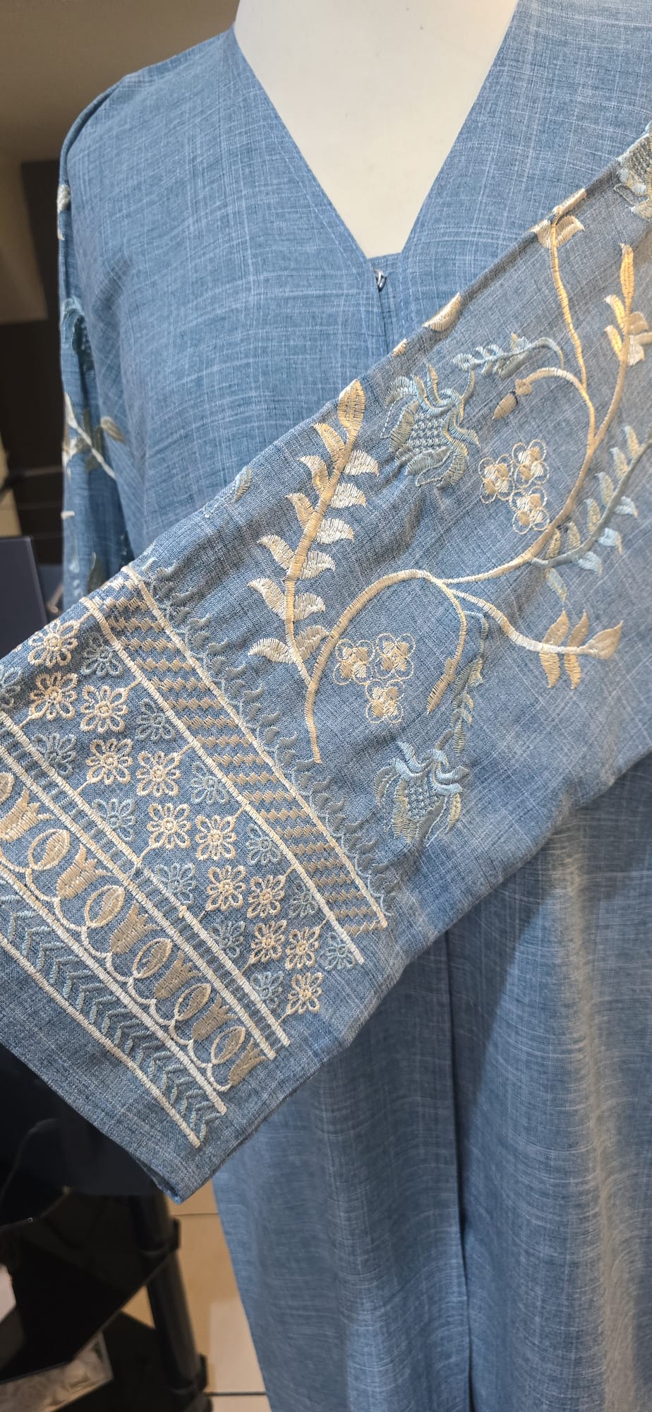 Noor Dusty Blue Embroidered Abaya