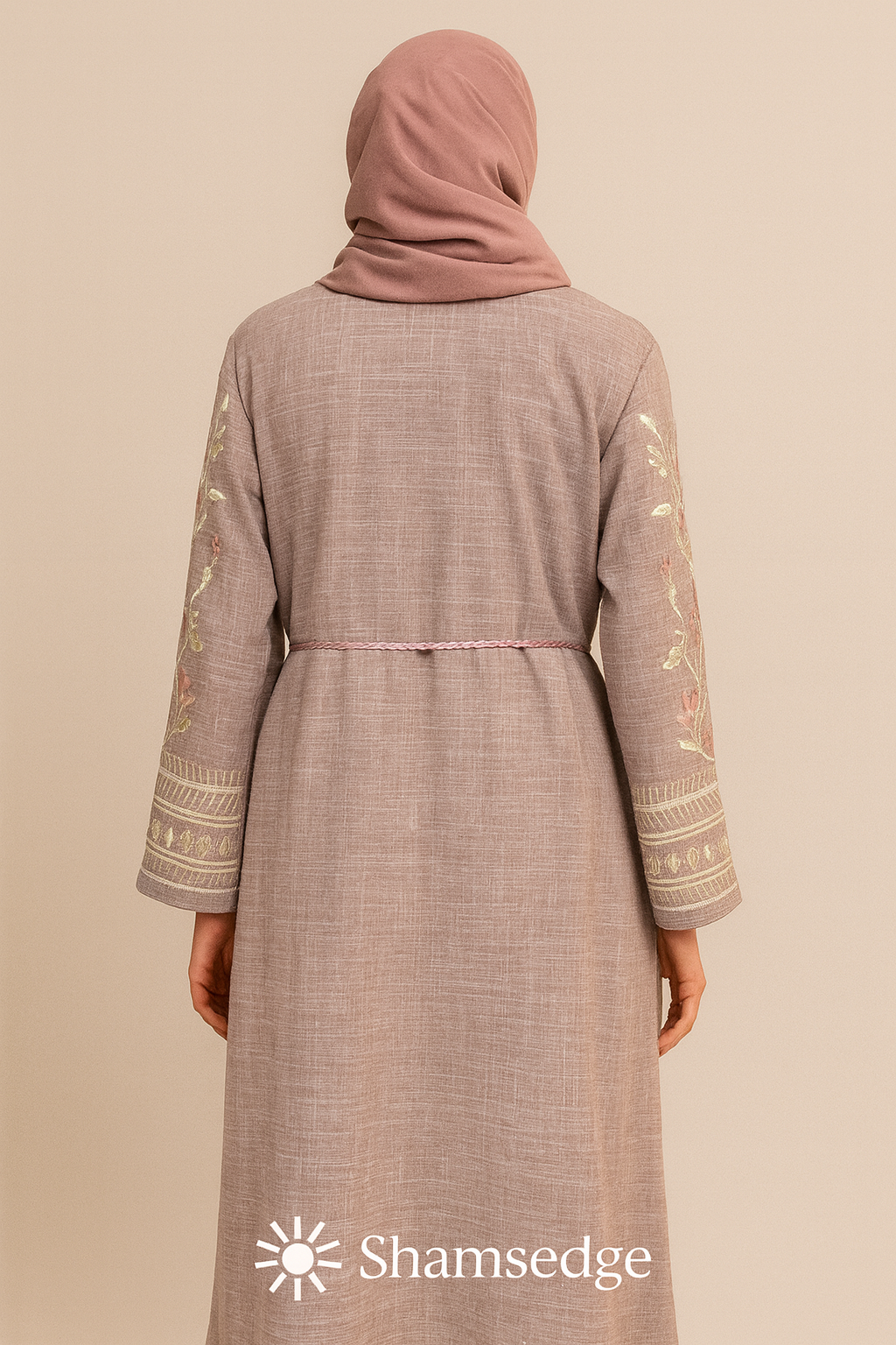 Embroidered Abaya - Stone Grey & Dusty Rose