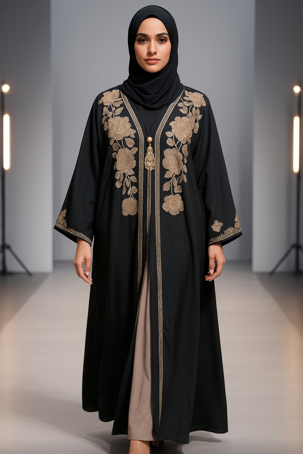 Taupe Modest Abaya Set with Black Scarf & Inner Dress