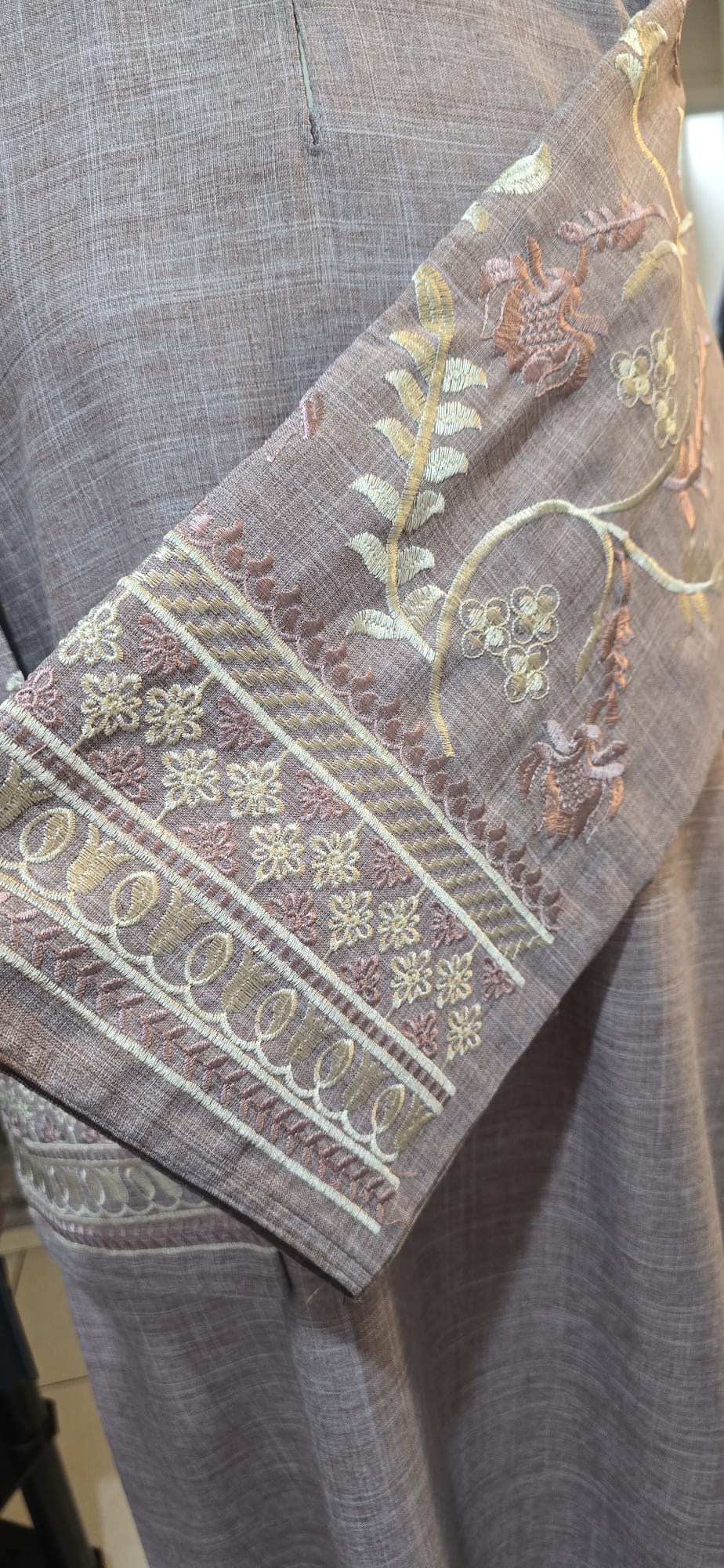 Embroidered Abaya - Stone Grey & Dusty Rose