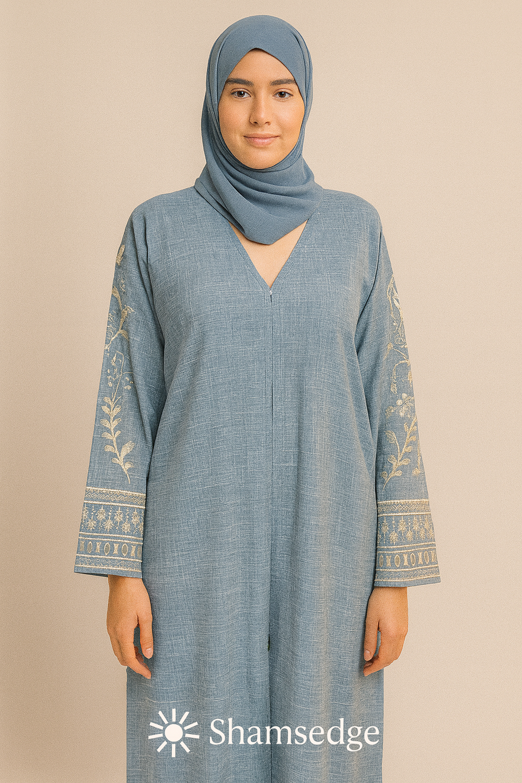 Noor Dusty Blue Embroidered Abaya