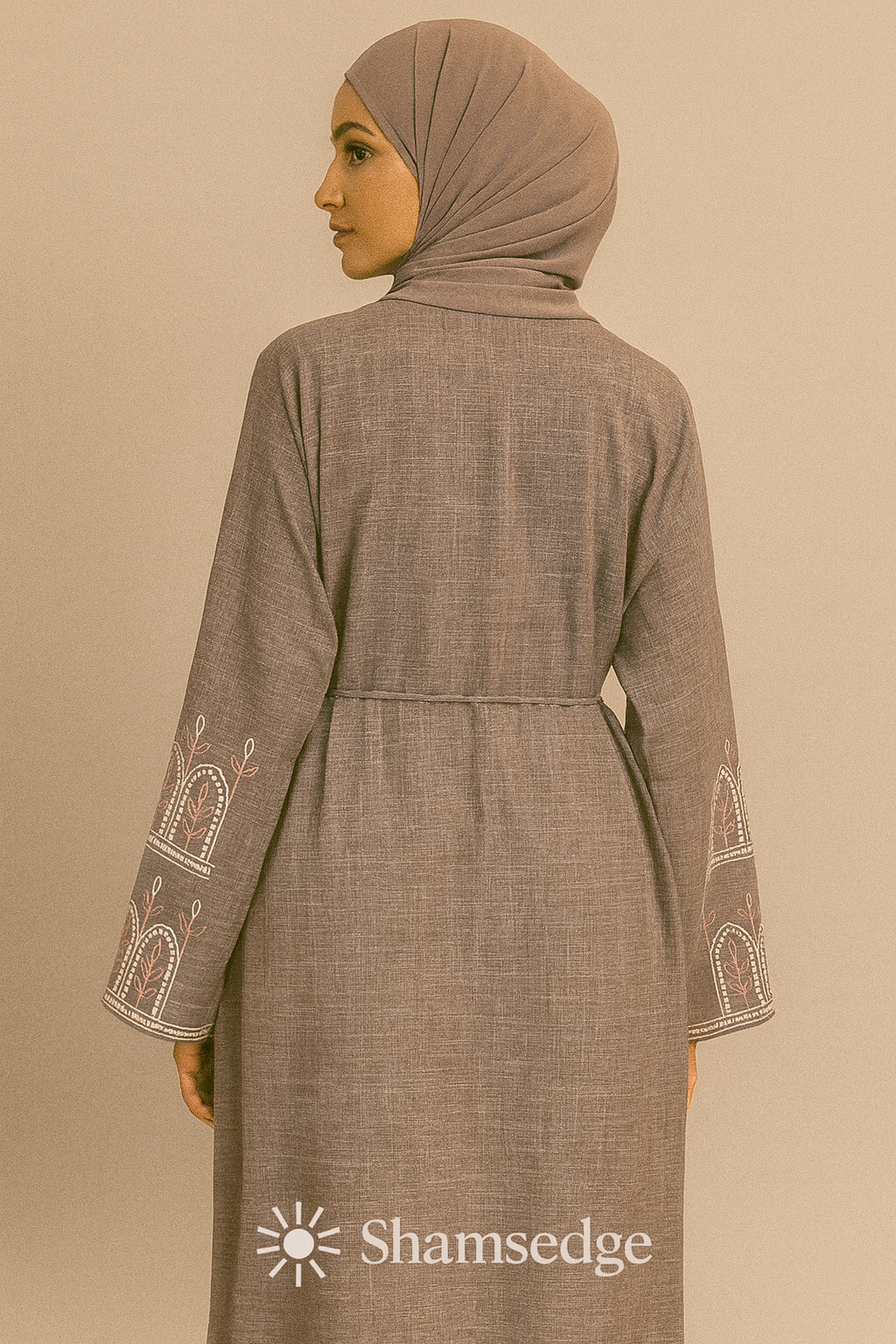 Embroidered Abaya - Stone Grey & Dusty Rose