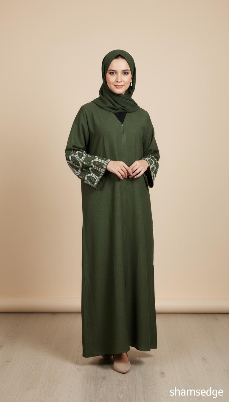 Olive green abaya with embroidered cuff detail