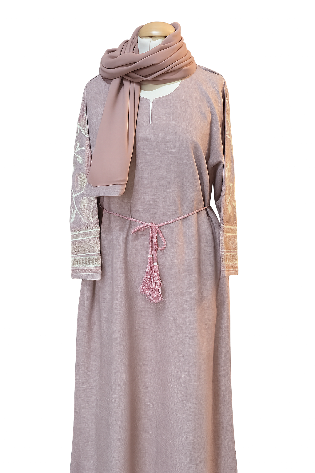 Embroidered Abaya - Stone Grey & Dusty Rose