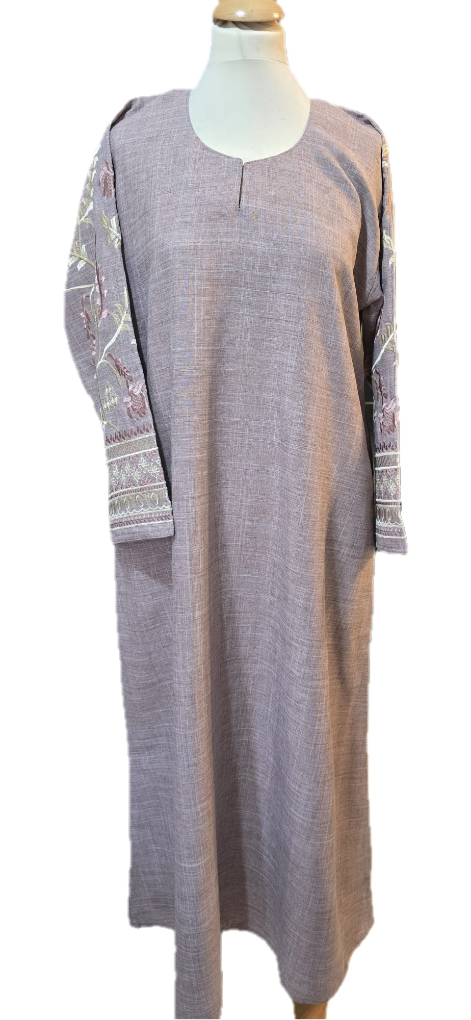 Embroidered Abaya - Stone Grey & Dusty Rose