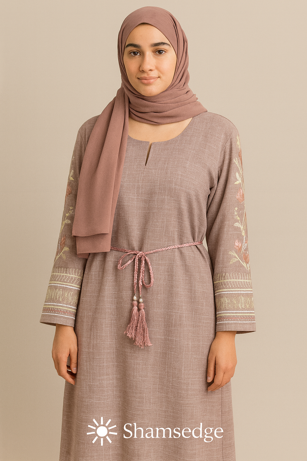 Embroidered Abaya - Stone Grey & Dusty Rose