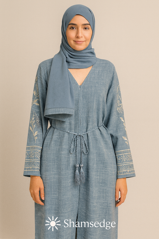 Noor Dusty Blue Embroidered Abaya
