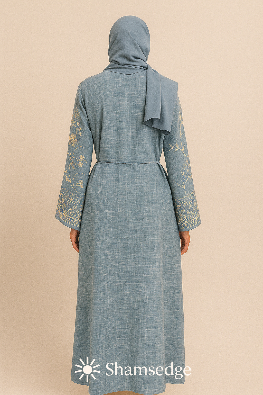 Noor Dusty Blue Embroidered Abaya